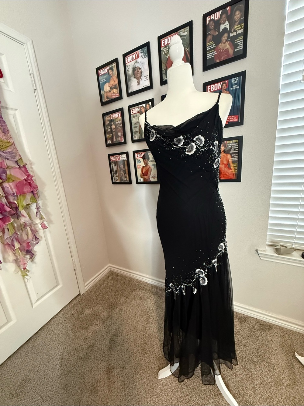 Vintage Xscape Silk Black beaded Evening Gown